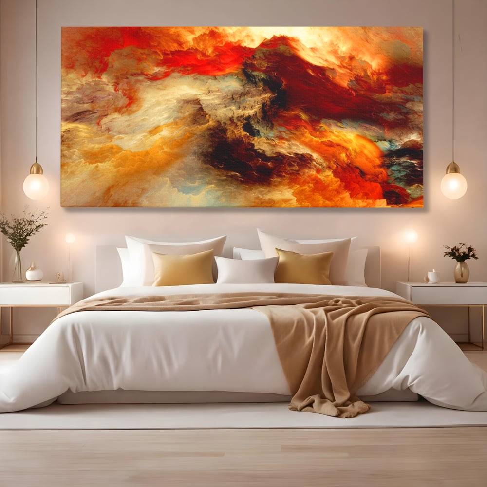 Tablou canvas cu tablou canvas cu compozitie abstracta portocalie, fara rama, pe sasiu de lemn, pe perete intr-un dormitor